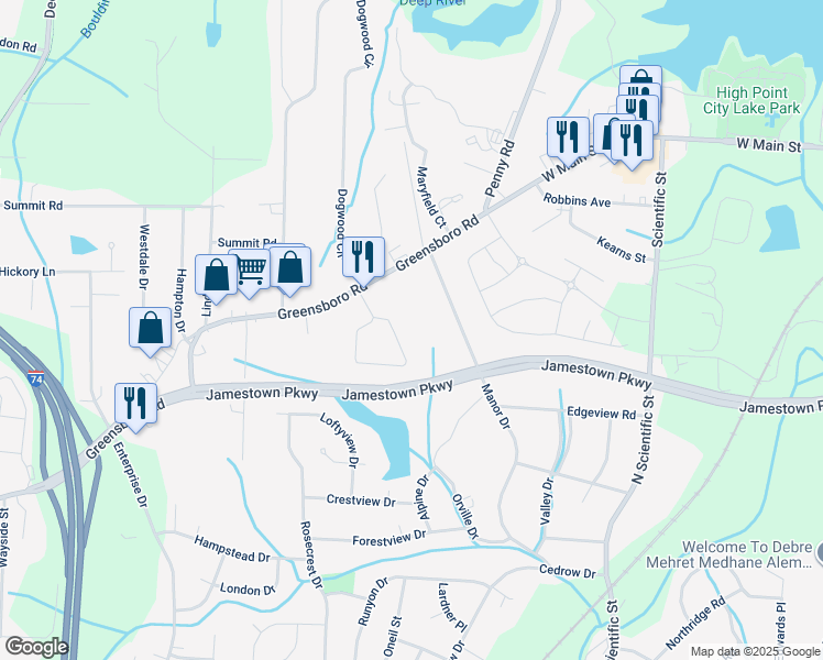map of restaurants, bars, coffee shops, grocery stores, and more near 254 Crestwood Circle in High Point