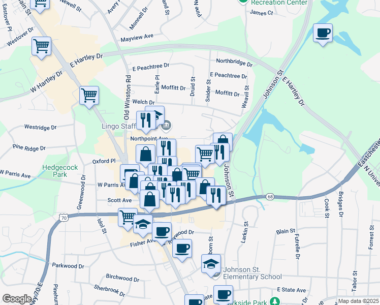 map of restaurants, bars, coffee shops, grocery stores, and more near 222 Northpoint Avenue in High Point