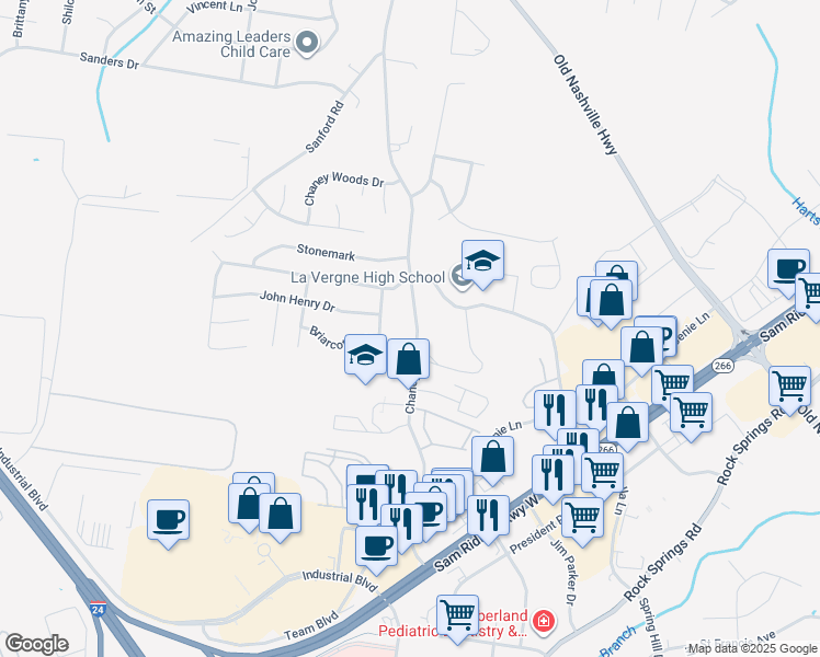 map of restaurants, bars, coffee shops, grocery stores, and more near 324 Chaney Road in Smyrna