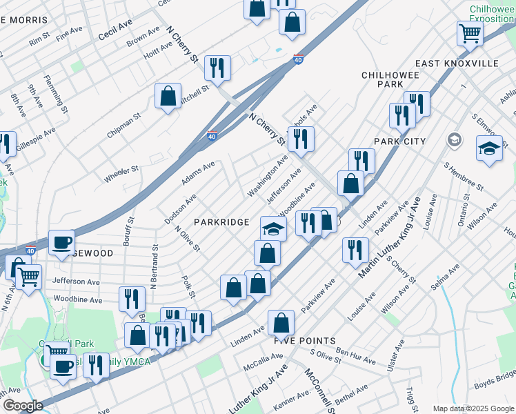 map of restaurants, bars, coffee shops, grocery stores, and more near 2439 Jefferson Avenue in Knoxville