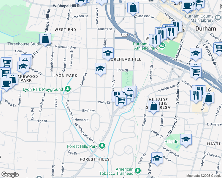 map of restaurants, bars, coffee shops, grocery stores, and more near 1302 Vickers Avenue in Durham