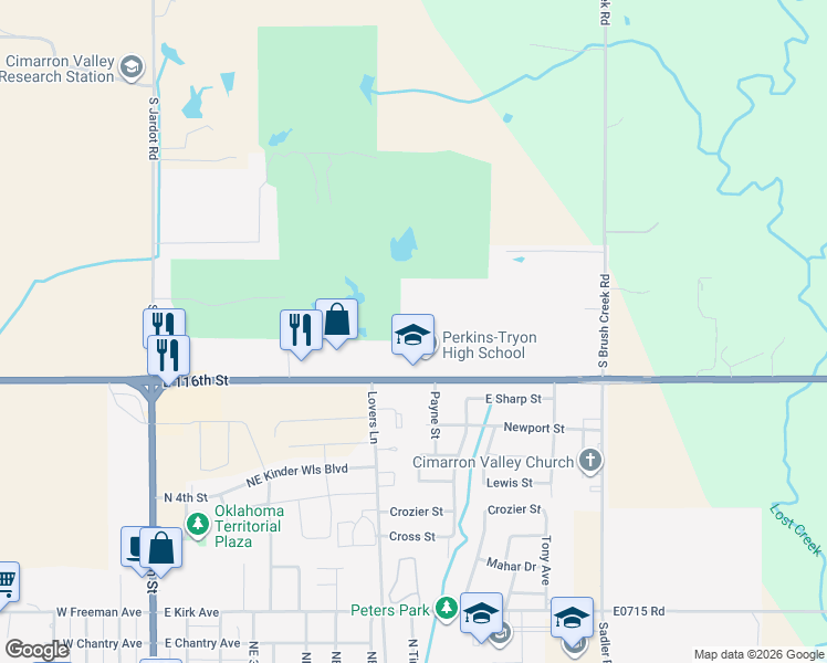 map of restaurants, bars, coffee shops, grocery stores, and more near 1003 Oklahoma 33 in Perkins
