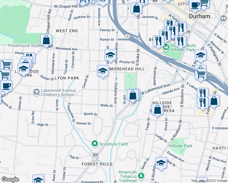 map of restaurants, bars, coffee shops, grocery stores, and more near 1302 Vickers Avenue in Durham