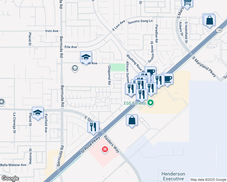 map of restaurants, bars, coffee shops, grocery stores, and more near 3638 Via Messina in Henderson