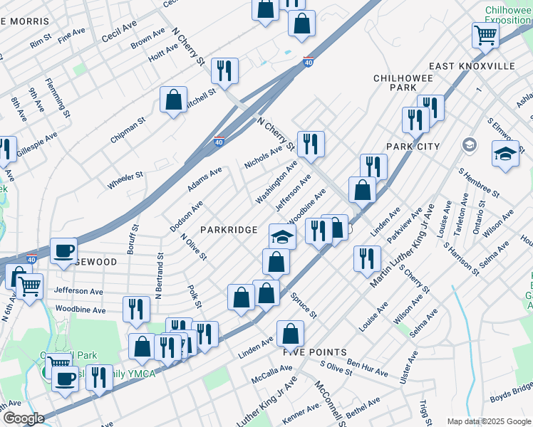 map of restaurants, bars, coffee shops, grocery stores, and more near 2439 Jefferson Avenue in Knoxville
