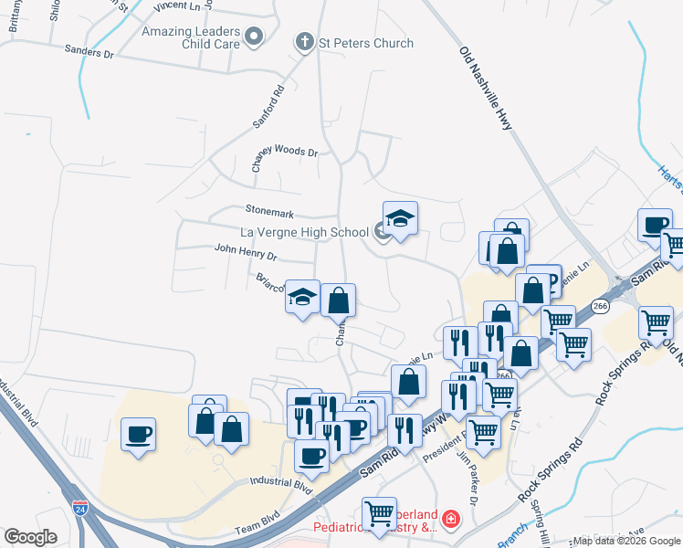 map of restaurants, bars, coffee shops, grocery stores, and more near 324 Chaney Road in Smyrna