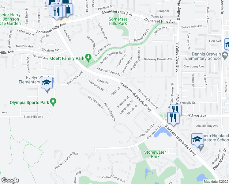 map of restaurants, bars, coffee shops, grocery stores, and more near Coco Lane in Las Vegas