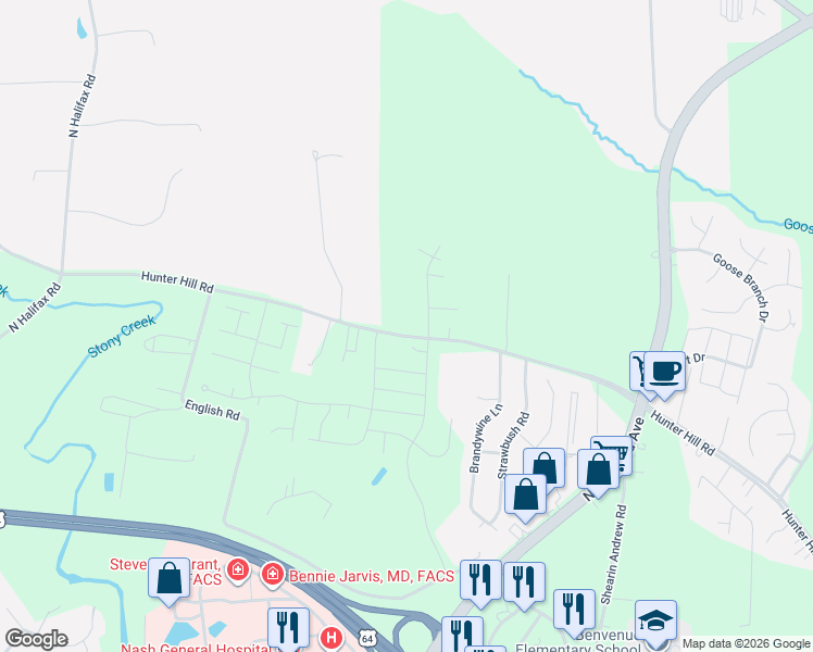 map of restaurants, bars, coffee shops, grocery stores, and more near 7139-7147 Hunter Hill Road in Rocky Mount