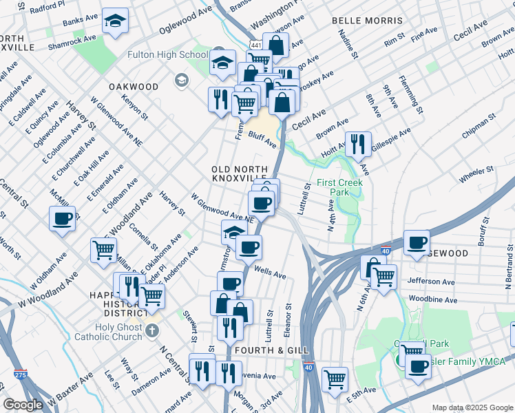 map of restaurants, bars, coffee shops, grocery stores, and more near 1400 North Broadway in Knoxville