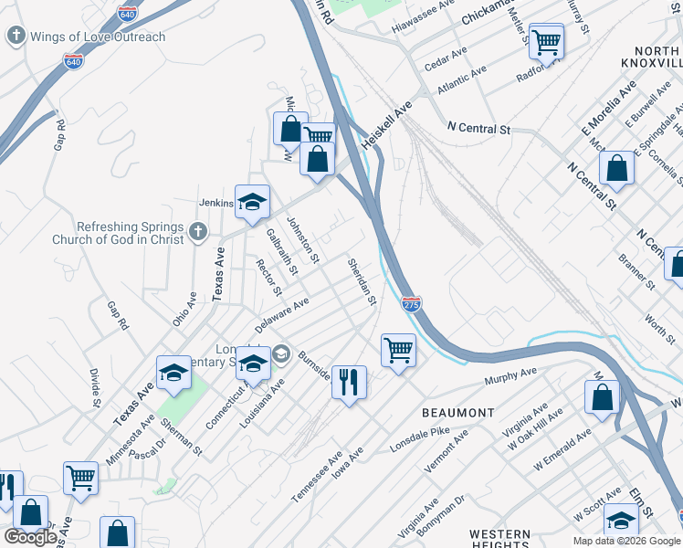 map of restaurants, bars, coffee shops, grocery stores, and more near 1016 Delaware Avenue in Knoxville