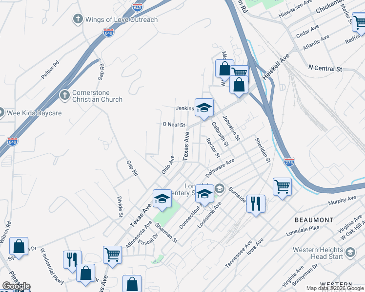 map of restaurants, bars, coffee shops, grocery stores, and more near 1219 Texas Avenue in Knoxville