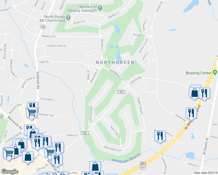 map of restaurants, bars, coffee shops, grocery stores, and more near 757 Brassie Club Drive in Rocky Mount