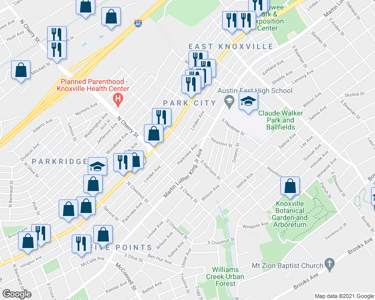 map of restaurants, bars, coffee shops, grocery stores, and more near 2649 Parkview Avenue in Knoxville