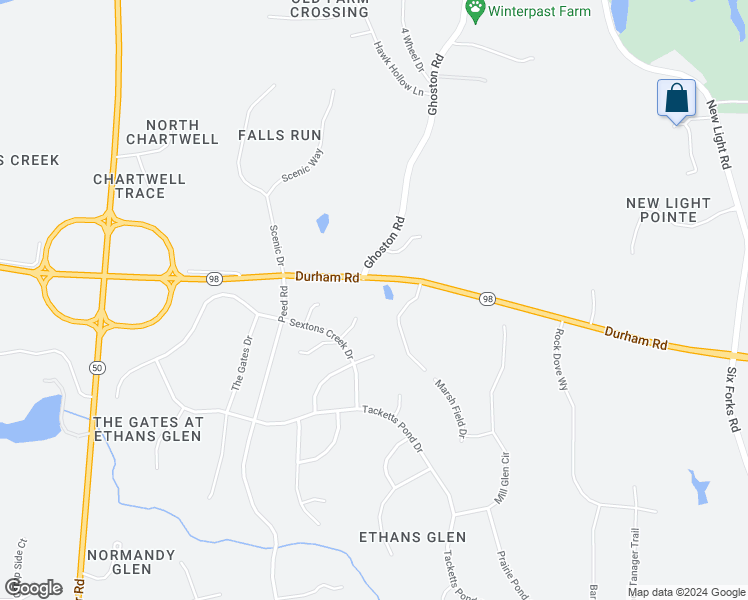 map of restaurants, bars, coffee shops, grocery stores, and more near 4443 Durham Road in Raleigh