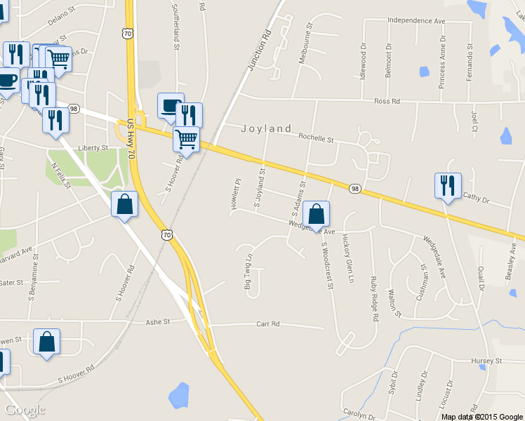 map of restaurants, bars, coffee shops, grocery stores, and more near 207 South Joyland Street in Durham
