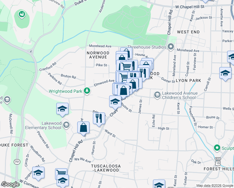 map of restaurants, bars, coffee shops, grocery stores, and more near 2020 Jersey Avenue in Durham