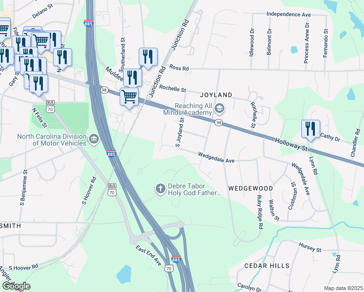 map of restaurants, bars, coffee shops, grocery stores, and more near 207 South Joyland Street in Durham