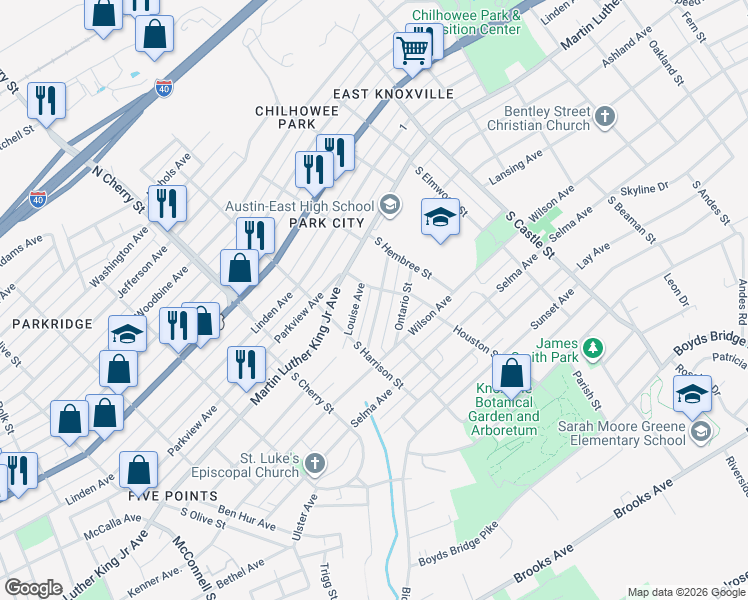 map of restaurants, bars, coffee shops, grocery stores, and more near 2753 Tarleton Avenue in Knoxville