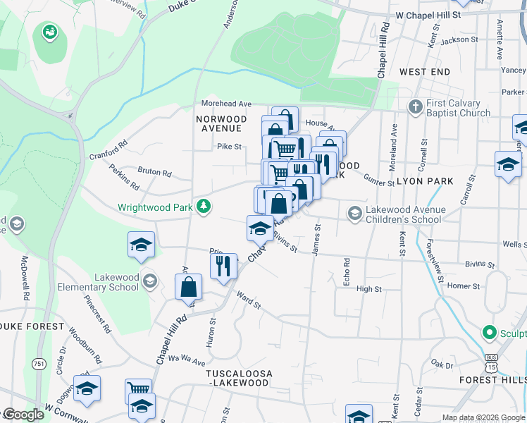 map of restaurants, bars, coffee shops, grocery stores, and more near 2020 Jersey Avenue in Durham