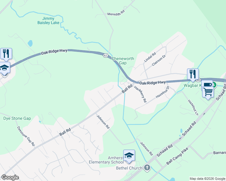 map of restaurants, bars, coffee shops, grocery stores, and more near 5105 Ball Road in Knoxville