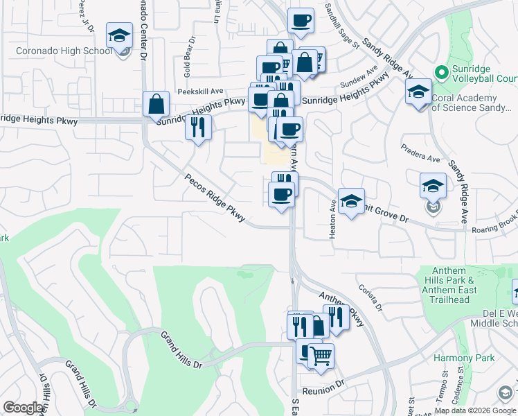 map of restaurants, bars, coffee shops, grocery stores, and more near 2640 Pecos Ridge Parkway in Henderson