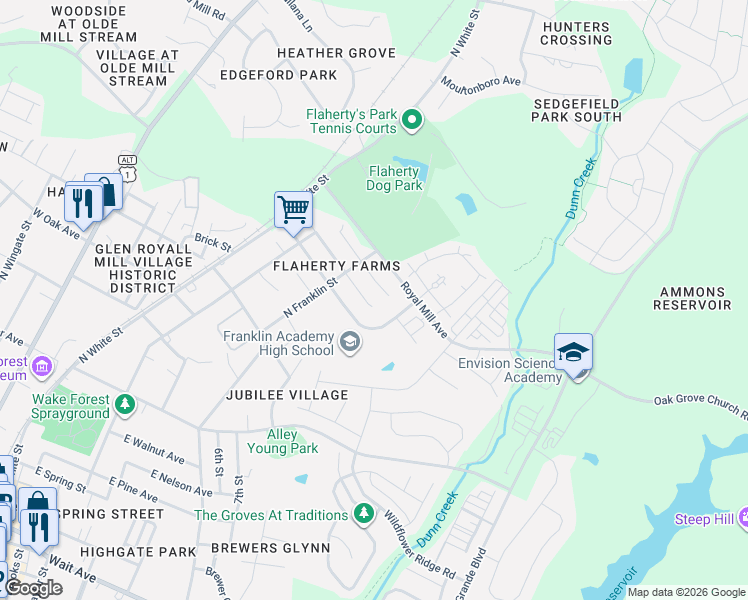 map of restaurants, bars, coffee shops, grocery stores, and more near 624 Groveton Trail in Wake Forest