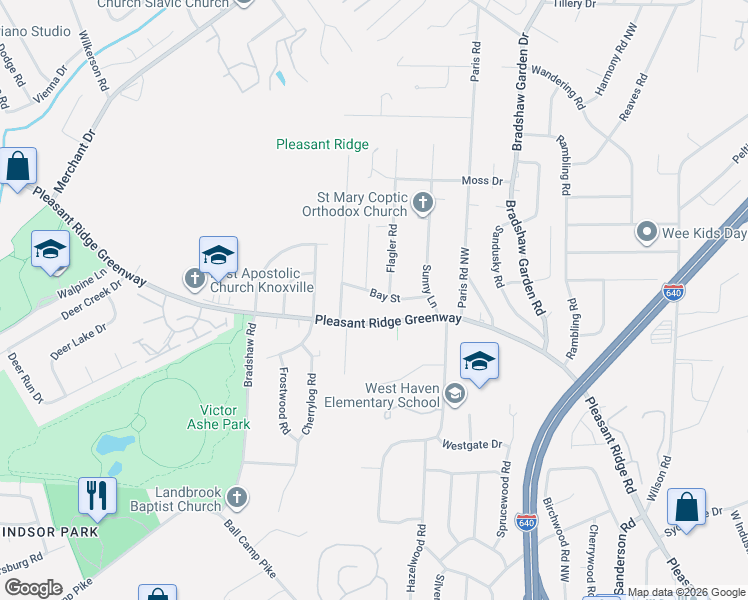 map of restaurants, bars, coffee shops, grocery stores, and more near 4726 Pleasant Ridge Road in Knoxville