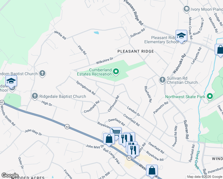 map of restaurants, bars, coffee shops, grocery stores, and more near 5508 Valdosta Road Northwest in Knoxville