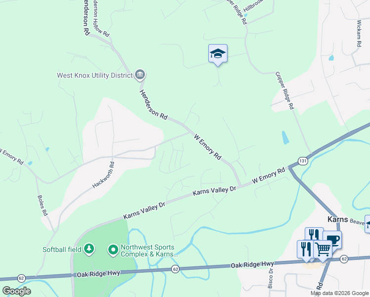 map of restaurants, bars, coffee shops, grocery stores, and more near 8935 West Emory Road in Knoxville