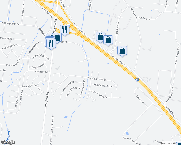 map of restaurants, bars, coffee shops, grocery stores, and more near 1087 Whispering Winds Court in La Vergne