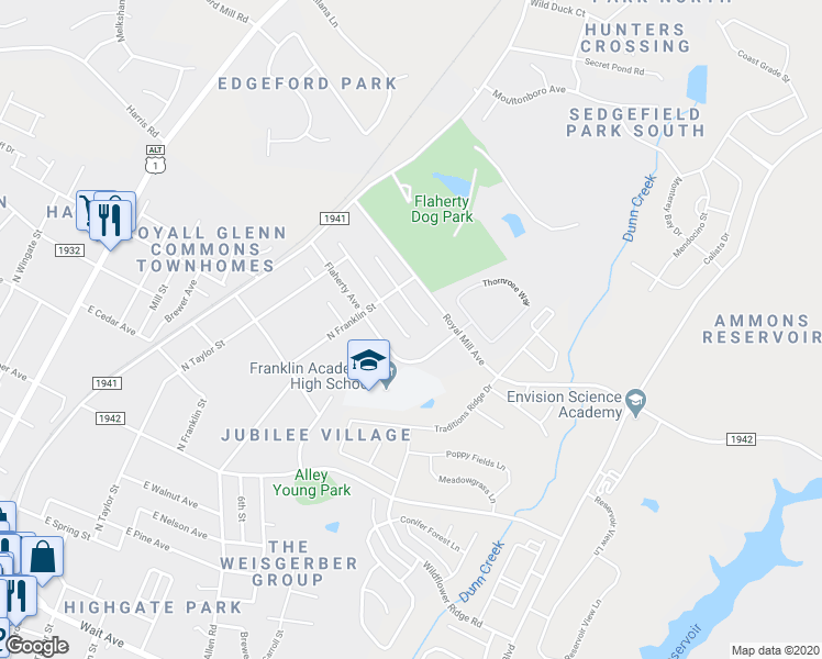 map of restaurants, bars, coffee shops, grocery stores, and more near 621 Groveton Trail in Wake Forest