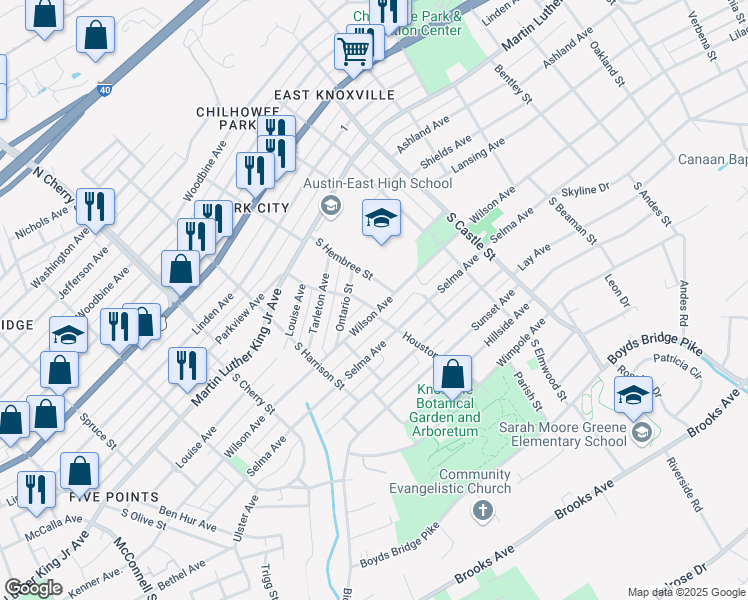 map of restaurants, bars, coffee shops, grocery stores, and more near 422 Houston Street in Knoxville