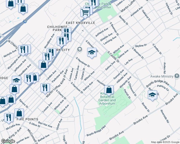 map of restaurants, bars, coffee shops, grocery stores, and more near 422 Houston Street in Knoxville