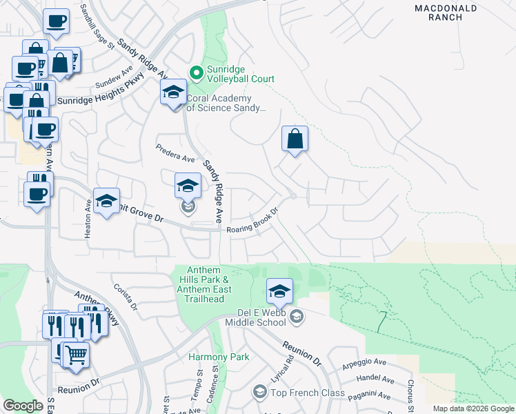 map of restaurants, bars, coffee shops, grocery stores, and more near 2269 Smokey Sky Drive in Henderson