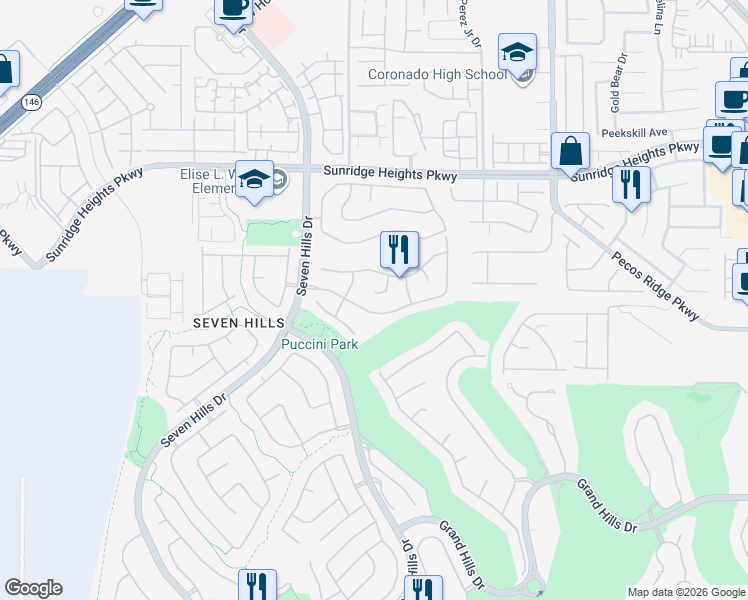 map of restaurants, bars, coffee shops, grocery stores, and more near 2989 Vía Meridiana in Henderson