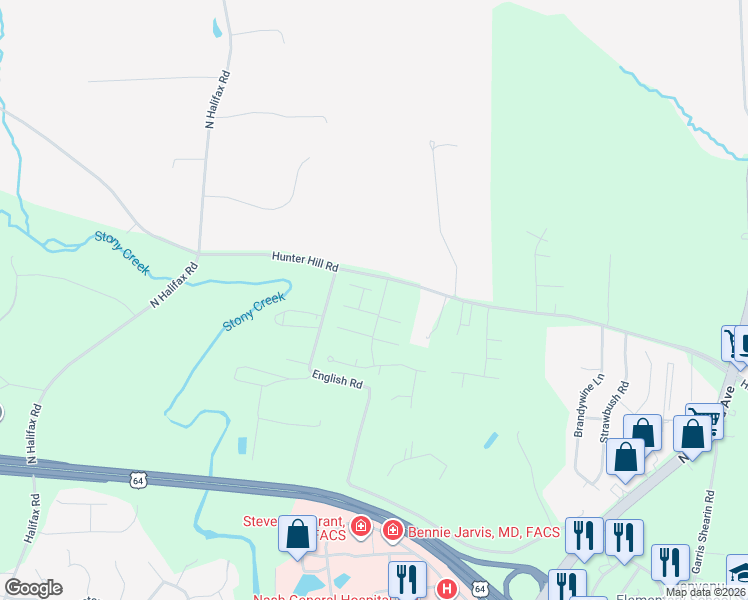map of restaurants, bars, coffee shops, grocery stores, and more near 6927 Peppermill Way in Rocky Mount
