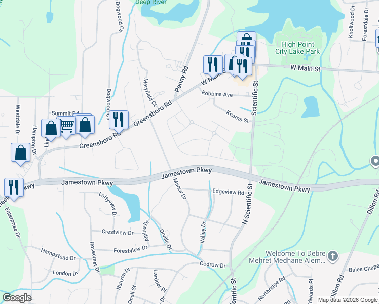 map of restaurants, bars, coffee shops, grocery stores, and more near 3476 Vickrey Meadow Drive in High Point