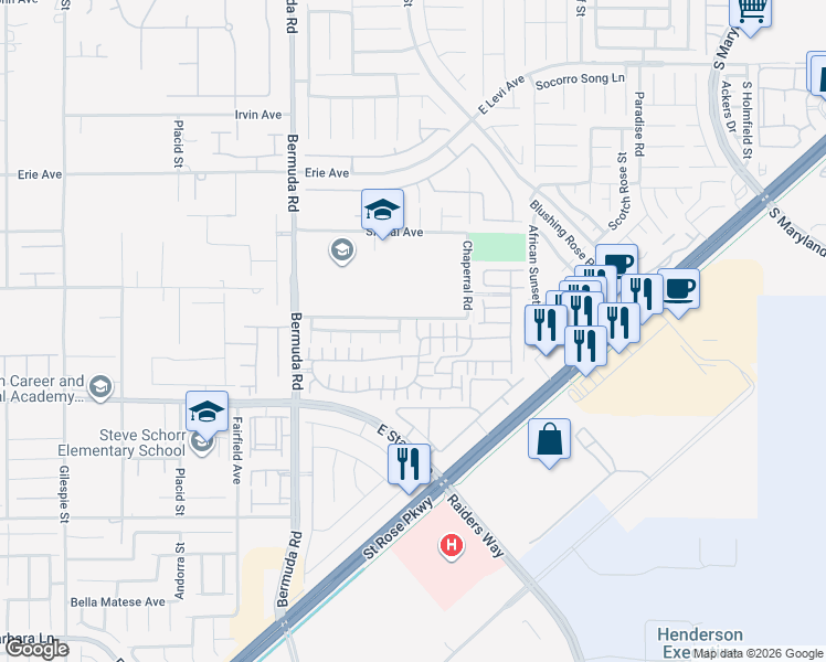 map of restaurants, bars, coffee shops, grocery stores, and more near 1113 Via Pastini in Henderson