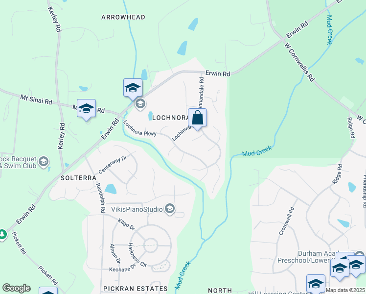 map of restaurants, bars, coffee shops, grocery stores, and more near 3600 Lochnora Parkway in Durham