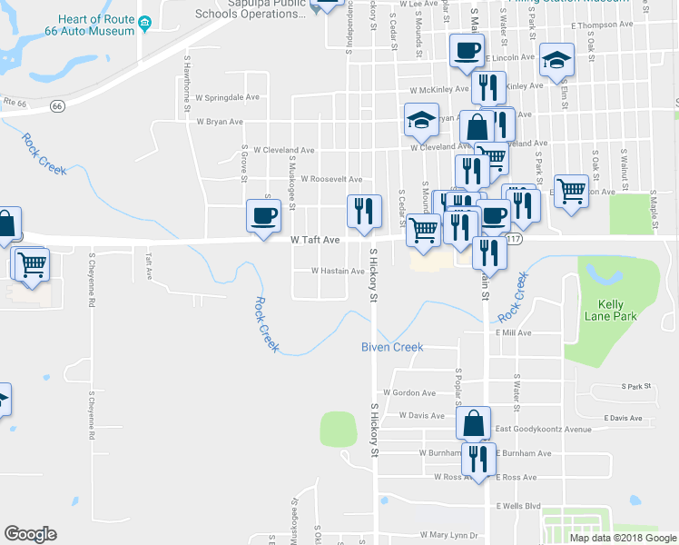 map of restaurants, bars, coffee shops, grocery stores, and more near 1000 South Independence Street in Sapulpa