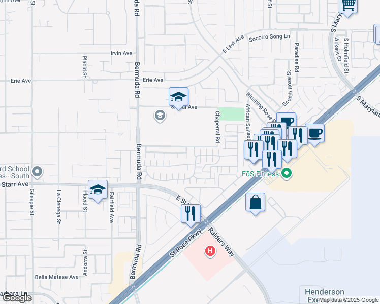 map of restaurants, bars, coffee shops, grocery stores, and more near 3692 Via Geneva in Henderson