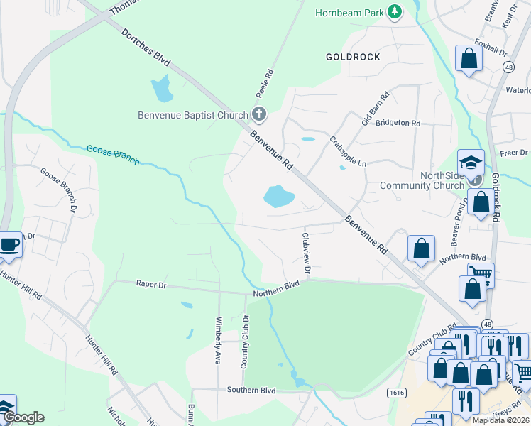 map of restaurants, bars, coffee shops, grocery stores, and more near 1922 Bridgewood Road in Rocky Mount