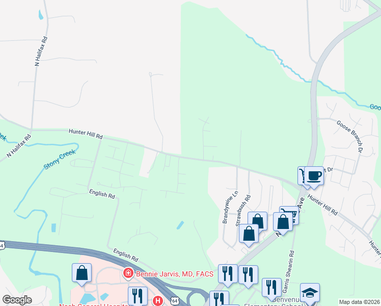 map of restaurants, bars, coffee shops, grocery stores, and more near 1117 Rosebud Drive in Rocky Mount