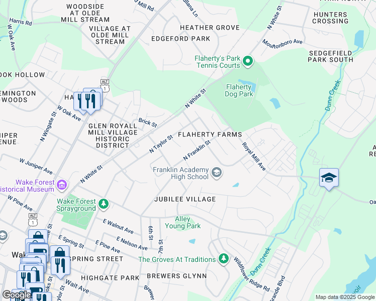 map of restaurants, bars, coffee shops, grocery stores, and more near 834 North Franklin Street in Wake Forest