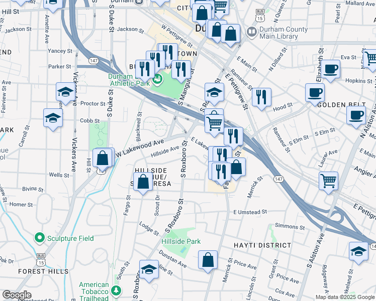 map of restaurants, bars, coffee shops, grocery stores, and more near 800 South Roxboro Street in Durham