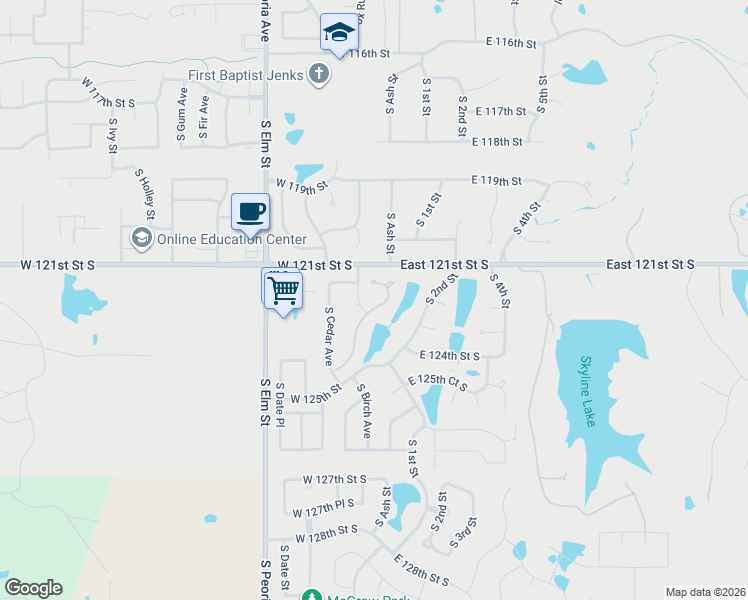 map of restaurants, bars, coffee shops, grocery stores, and more near 12209 South Ash Avenue in Jenks