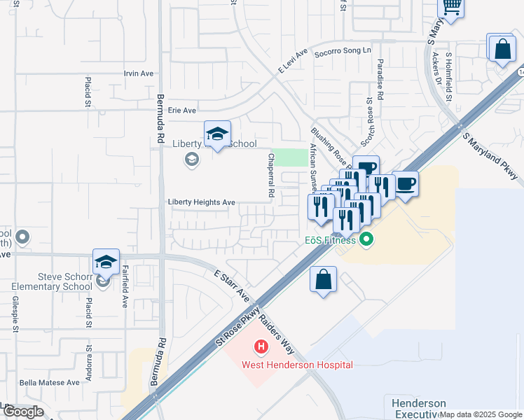 map of restaurants, bars, coffee shops, grocery stores, and more near 1117 Via Castelli in Henderson