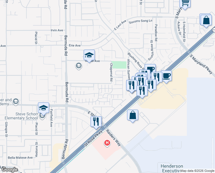 map of restaurants, bars, coffee shops, grocery stores, and more near 1117 Via Castelli in Henderson