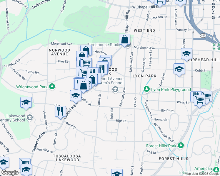 map of restaurants, bars, coffee shops, grocery stores, and more near 1315 Ripley Street in Durham