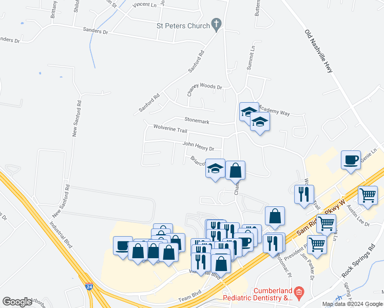 map of restaurants, bars, coffee shops, grocery stores, and more near 224 Briarcotes Circle in La Vergne